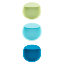 Load image into Gallery viewer, Bumkins Silicone Little Dipper Round 3-Pack: Gumdrop includes cups in green, light blue, &amp; dark blue; stackable, with lips for easy hanging.
