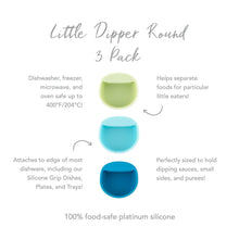 Load image into Gallery viewer, Infographic of Bumkins Silicone Little Dipper 3-Pack: 100% food-safe platinum silicone, attaches to most dishware, perfectly sized for sauces.

