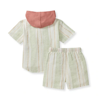 Back of Hooded Shirt and Shorts Set, Pacific Stripe: pale green, tan, & white striped shirt with hood & matching shorts.