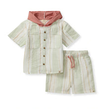 Load image into Gallery viewer, Hooded Shirt and Shorts Set, Pacific Stripe: pale green, tan, &amp; white striped button down shirt with hood &amp; matching shorts; 100% cotton.
