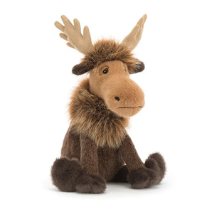Jellycat Birchly Moose plush in dark brown with light brown antlers and a fuzzy neck ruff.