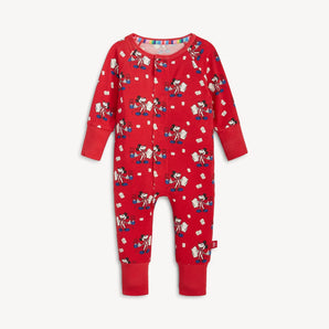 Magnetic Me, Coverall Red Cocoa Club: red long sleeve coverall pajamas with magnetic closure & Mickey Mouse design; made of TENCEL modal.