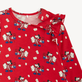 Close-up of magnetic shoulder closure of Magnetic Me, Nightgown Red Cocoa Club red long sleeve nightgown with Mickey Mouse design.