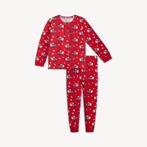 Magnetic Me, PJ's Red Cocoa Club: red long sleeve magnetic closure henley style shirt with bedtime Mickey Mouse design & matching pants.