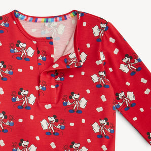 Close-up of magnetic closure of Magnetic Me, PJ's Red Cocoa Club red long sleeve henley style shirt with Mickey Mouse design.