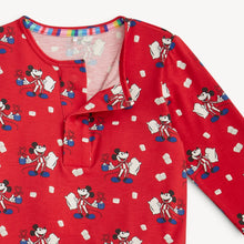 Load image into Gallery viewer, Close-up of magnetic closure of Magnetic Me, PJ's Red Cocoa Club red long sleeve henley style shirt with Mickey Mouse design.
