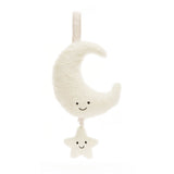 Jellycat Musical Pull Amuseables Moon plush crescent toy with a dangling star, both featuring soft textures and embroidered smiling faces.