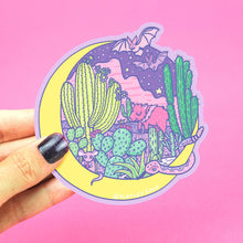 Load image into Gallery viewer, Turtle Soups Desert Moon vinyl sticker: cacti, fox, bats &amp; snake in a yellow crescent, pink background. Waterproof &amp; scratch-resistant.
