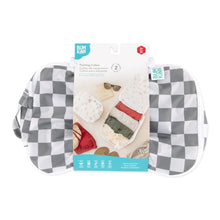 Load image into Gallery viewer, Bumkins Packing Cube 2 Pack: Charcoal Check is shown packaged with a cardboard band around the middle.
