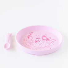 Load image into Gallery viewer, Bumkins Silicone Plate + Spoon Set: Disney Princess rests on a white background.
