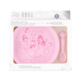 Bumkins Silicone Plate + Spoon Set: Disney Princess is shown in a packaging box, with a clear window displaying the plate and spoon.