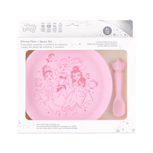 Load image into Gallery viewer, Bumkins Silicone Plate + Spoon Set: Disney Princess is shown in a packaging box, with a clear window displaying the plate and spoon.
