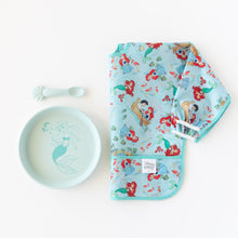 Load image into Gallery viewer, Bumkins Silicone Plate + Spoon Set: Disney Princess Ariel sits next to a waterproof bib on a white background.
