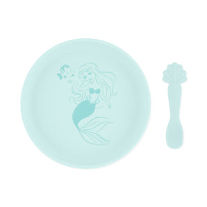 Bumkins Silicone Plate + Spoon Set: Disney Princess Ariel features a teal plate and seashell-handled spoon for fun baby mealtimes.
