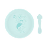 Bumkins Silicone Plate + Spoon Set: Disney Princess Ariel features a teal plate and seashell-handled spoon for fun baby mealtimes.