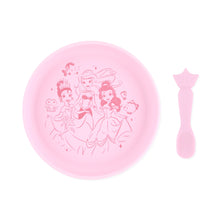 Load image into Gallery viewer, Bumkins Silicone Plate + Spoon Set: Disney Princess includes a pink plate with princesses and a crown-handled spoon for charming self-feeding.

