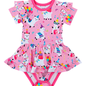 The Birdie Bean Alanna Birdie Twirl is a pink bamboo viscose romper with ruffled sleeves, llamas, balloons, gifts, and party hats!.