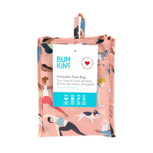 Load image into Gallery viewer, Bumkins Packable Tote Bag: Yoga Pals is folded with its packaging tag.
