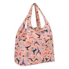 Load image into Gallery viewer, Bumkins Packable Tote Bag: Yoga Pals is a reusable, waterproof pink bag featuring people and animals in playful yoga poses.
