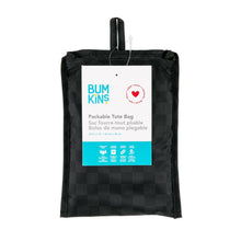 Load image into Gallery viewer, Bumkins Packable Tote Bag: Rich Black is folded with its packaging tag.

