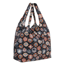 Load image into Gallery viewer, Bumkins Packable Tote Bag: Ghostly Gallery features a Halloween design of cartoon skulls and spider webs on waterproof fabric.

