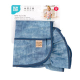 Bumkins Ruffle Apron Bib: Crushed Denim is shown folded in its packaging.