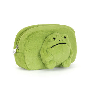 Green plush Jellycat Pouch Ricky Rain Frog zippered pouch shaped like a round frog.