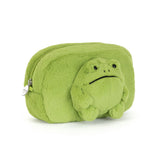Green plush Jellycat Pouch Ricky Rain Frog zippered pouch shaped like a round frog.
