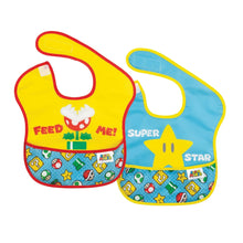 Load image into Gallery viewer, Bumkins SuperBib® 2 Pack: Super Mario™ Expressions includes 2 waterproof video game-themed bibs in blue and yellow with front pocket.
