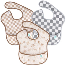 Load image into Gallery viewer, Bumkins SuperBib® 3 Pack: Palms + Check includes three waterproof bibs—one tan checkered, one gray checkered, and one with a palm tree design.
