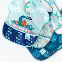 Load image into Gallery viewer, Bumkins SuperBib® 3 Pack: Hangry, Dinosaurs, Blue Tropic is fanned out on a white background.
