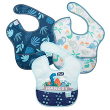 Load image into Gallery viewer, Bumkins SuperBib® 3 Pack: Hangry, Dinosaurs, Blue Tropic includes 3 waterproof bibs with blue dinosaur and tropical leaf designs.
