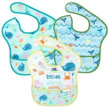 Load image into Gallery viewer, Bumkins SuperBib® 3 Pack: Rolling With the Waves includes 3 waterproof bibs with sea-themed designs, front pocket, &amp; hook-and-loop closure.
