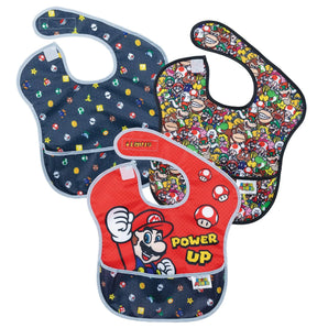 Bumkins SuperBib® 3 Pack: Super Mario™ Power-Up includes 3 video game character-themed waterproof bibs.