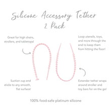 Load image into Gallery viewer, Infographic of Bumkins Silicone Accessory Tether 2-Pack:100% food-safe platinum silicone, suction cup end, extended tether.
