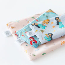 Load image into Gallery viewer, Close-up of Bumkins Reusable Snack Bag, 3-Pack: Princess Magic, Ariel, and Jasmine stacked on a white background.
