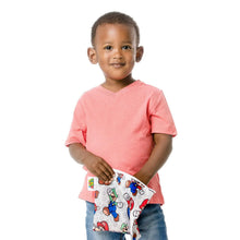 Load image into Gallery viewer, A young boy in a coral shirt and jeans holds a Bumkins Reusable Snack Bag, Large: Super Mario™ &amp; Luigi on a white background.
