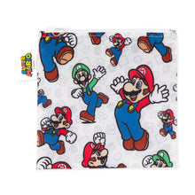 Load image into Gallery viewer, Bumkins Reusable Snack Bag, Large: Super Mario™ &amp; Luigi is a square white waterproof zippered pouch with video game character illustrations.
