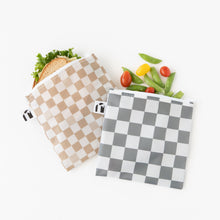 Load image into Gallery viewer, Roamio by Bumkins Bumkins Reusable Snack Bag, Large 2 Pack: Double Check holds a sandwich and veggies on a white background.
