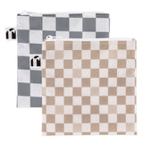 Roamio by Bumkins Bumkins Reusable Snack Bag, Large 2 Pack: Double Check includes two large checkered snack bags in gray and beige made of waterproof fabric.