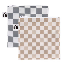 Load image into Gallery viewer, Roamio by Bumkins Bumkins Reusable Snack Bag, Large 2 Pack: Double Check includes two large checkered snack bags in gray and beige made of waterproof fabric.
