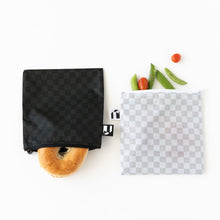 Load image into Gallery viewer, Roamio by Bumkins Reusable Snack Bag, Large 2 Pack: Rich &amp; Boujee holds a bagel, tomatoes, and pea pods on a white background.

