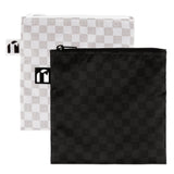 Roamio by Bumkins Reusable Snack Bag, Large 2 Pack: Rich & Boujee features 2 waterproof pouches with checkered designs—one black, one white.