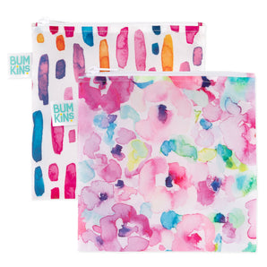Bumkins Reusable Snack Bag, Large 2-Pack: Watercolor & Brush Strokes features 2 waterproof bags with watercolor designs and zipper closures.
