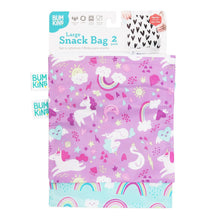 Load image into Gallery viewer, Bumkins Reusable Snack Bag, Large 2-Pack: Rainbows &amp; Unicorns is shown on a white packaging header.

