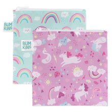 Load image into Gallery viewer, Bumkins Reusable Snack Bag, Large 2-Pack: Rainbows &amp; Unicorns includes two waterproof pouches in blue and purple with colorful designs.

