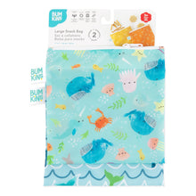 Load image into Gallery viewer, Bumkins Reusable Snack Bag, Large 2-Pack: Ocean Life &amp; Whale Tail is shown on a white packaging header.
