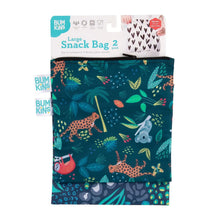 Load image into Gallery viewer, Bumkins Reusable Snack Bag, Large 2-Pack: Jungle &amp; Animal Prints is shown on a white packaging header.
