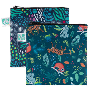 Bumkins Reusable Snack Bag, Large 2-Pack: Jungle & Animal Prints includes 2 dark blue waterproof fabric pouches with animal-themed prints.