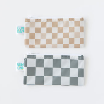 Bumkins Reusable Snack Bag, Small 2 Pack: Double Check lays flat on a white background with one bag above the other.